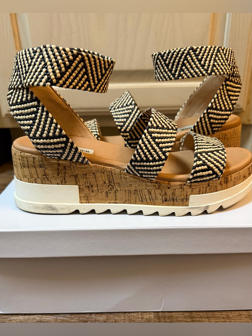 Steve Madden Woven Black & Cream Platform Sandals with Cork Sole